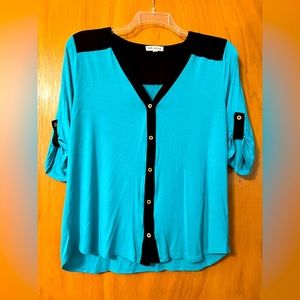Turquoise button up knit V neck top with black detail